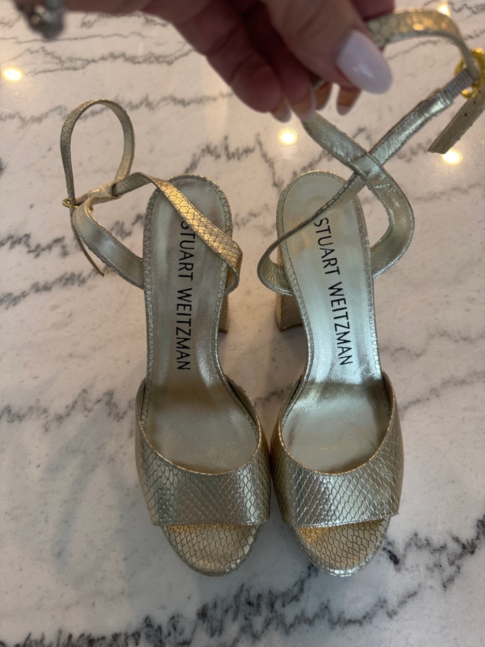 Stuart Weitzman Metallic Gold Snake-Embossed Block Heel Sandals